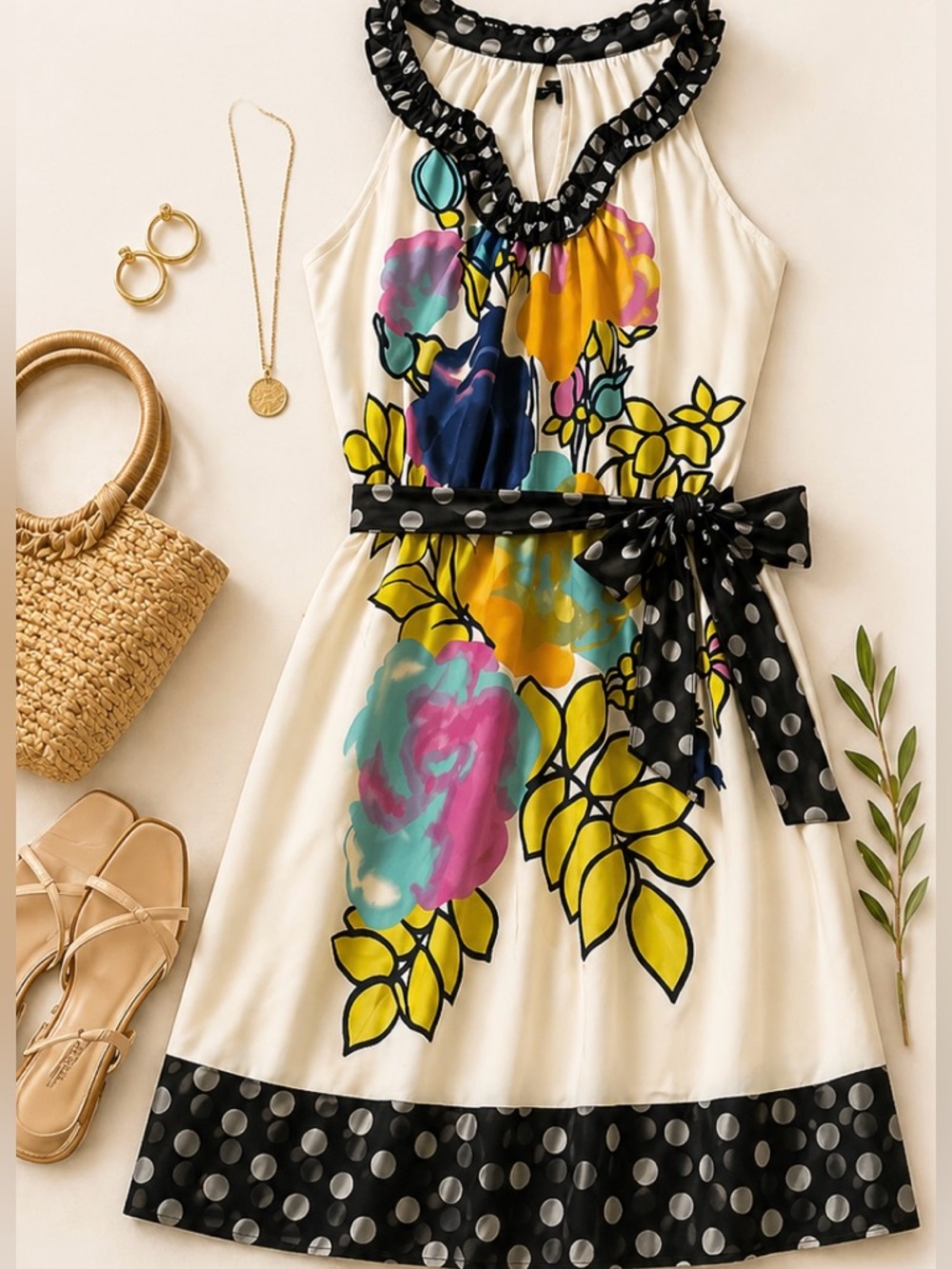 Radzoli Cream Floral Midi Dress with Black Polka Dot Trim